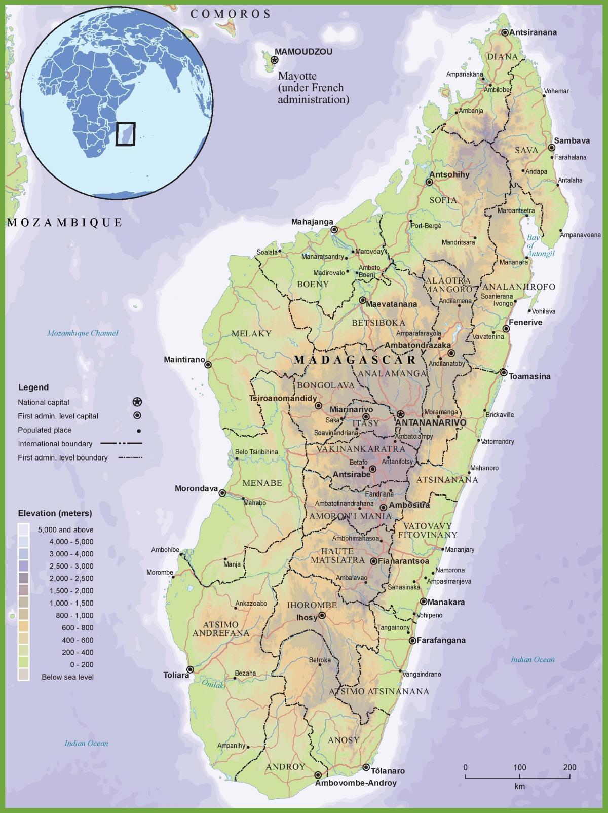 kaart van fysieke kaart van Madagascar